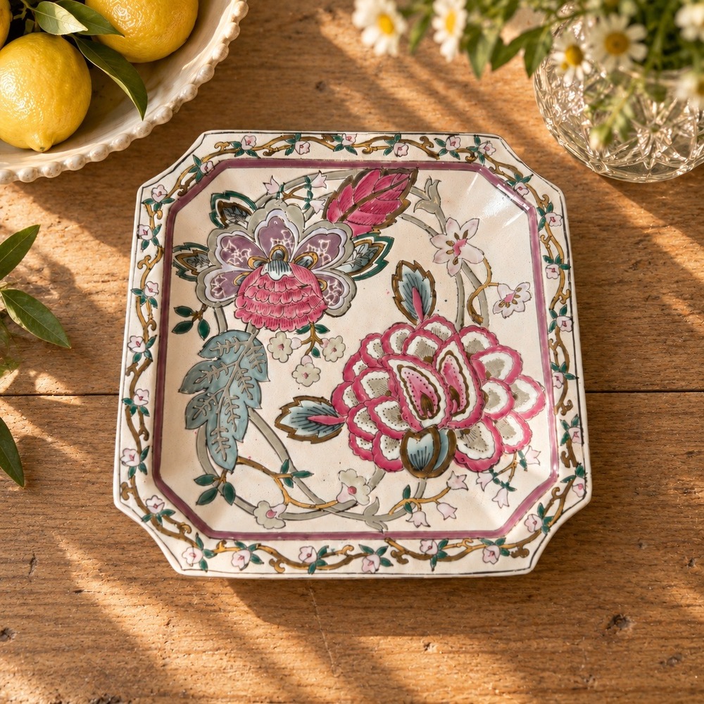 Vintage Floral Decorative Plate Chinoiserie Pink Gold Asian Grandmillennial